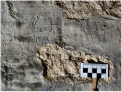 Cellar wall: &lsquo;?Laura H 1819&rsquo; (left) and &lsquo;M Day 1917&rsquo;.